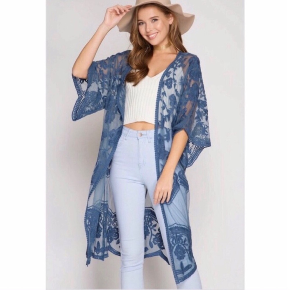 • H P• LAST S/M Crochet Lace Kimono - Slate - Picture 5 of 8